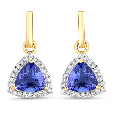3.86 Carat Genuine Tanzanite and White Diamond 14K Yellow Gold Earrings