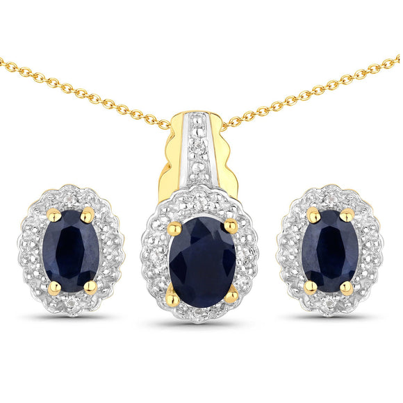 1.96 Carat Genuine Black Blue Sapphire and White Topaz .925 Sterling Silver Jewelry Set