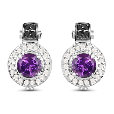 2.29 Carat Genuine Amethyst, Black Diamond and White Diamond .925 Sterling Silver Earrings - 0