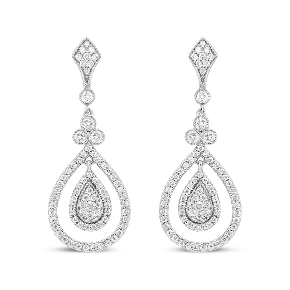 18K White Gold 1 1/4 Cttw Round Diamond Openwork Teardrop-Shaped Dangle Earrings (F-G Color, VS1-VS2 Clarity)