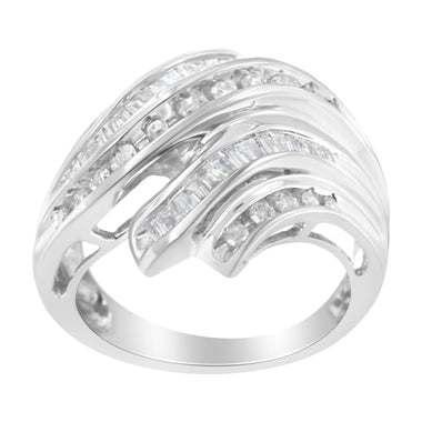 10K White Gold Round and Baguette Cut Diamond Channel Ring (3/4 Cttw, H-I Color, SI2-I1 Clarity) - Size 7 - 0