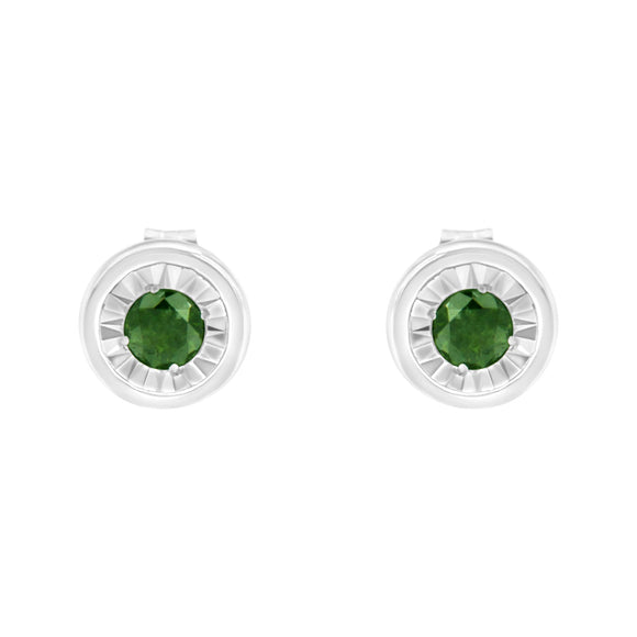 .925 Sterling Silver 1/4 Cttw Round Brilliant-Cut Green Diamond Miracle-Set Stud Earrings (Fancy Color-Enhanced, I1-I2 Clarity)