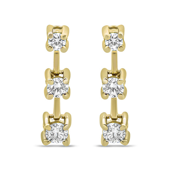14K Yellow Gold 1/2 Cttw Round Diamond 3 Stone Graduated Linear Drop Past, Present and Future Stud Earrings (H-I Color, SI1-SI2 Clarity)