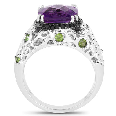 3.27 Carat Genuine Amethyst, Chrome Diopside & Black Diamond .925 Sterling Silver Ring - 0