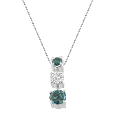 14K White Gold 1 1/2 Cttw Treated Blue and White Diamond 3-Stone 18" Pendant Necklace (Blue/H-I Color, I1-I2 Clarity) - 0