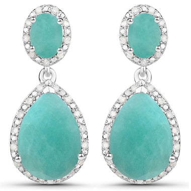 9.64 Carat Genuine Emerald and White Diamond .925 Sterling Silver Earrings