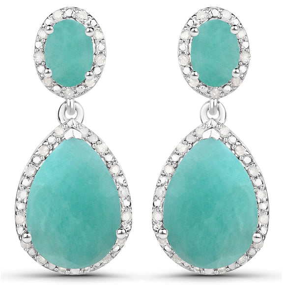9.64 Carat Genuine Emerald and White Diamond .925 Sterling Silver Earrings