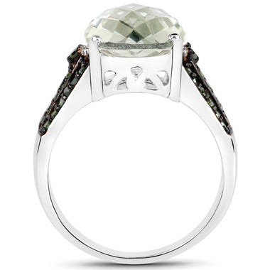 4.41 Carat Genuine Green Amethyst and Green Diamond .925 Sterling Silver Ring - 0