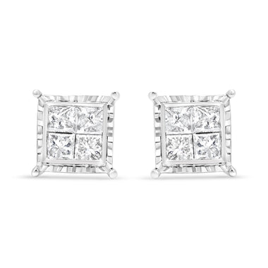 14K White Gold 1 1/2 Cttw Invisible Set Princess-Cut Diamond Contemporary Wavy Quad Stud Earrings (I-J Color, I1-I2 Clarity) - 0