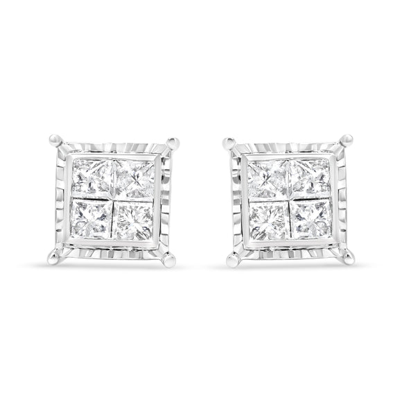 14K White Gold 1 1/2 Cttw Invisible Set Princess-Cut Diamond Contemporary Wavy Quad Stud Earrings (I-J Color, I1-I2 Clarity)