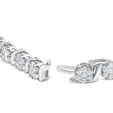 14K White Gold 7 3/8 Cttw Round Brilliant Diamond Floral Cluster and S Link Bracelet (H-I Color, SI2-I1 Clarity) - 7" Inches - 0