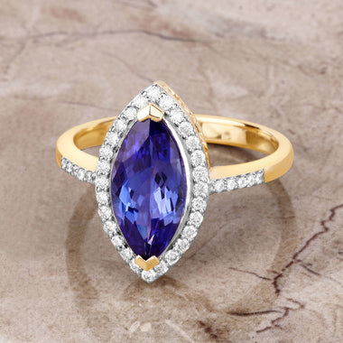 2.33 Carat Genuine Tanzanite and White Diamond 14K Yellow Gold Ring - 0