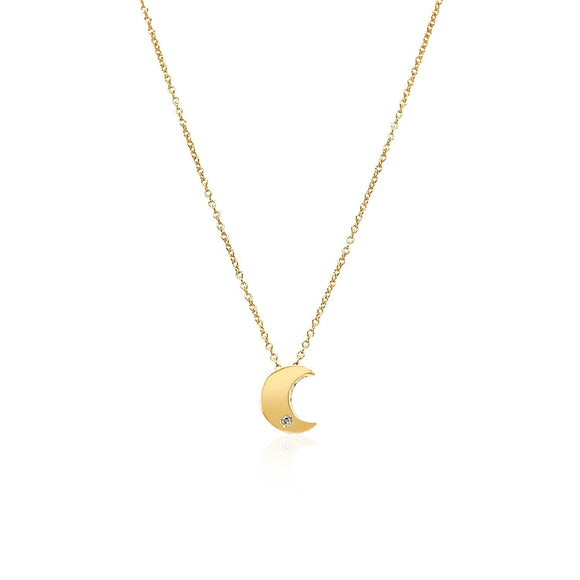 14k Yellow Gold Polished Moon Necklace with Diamond