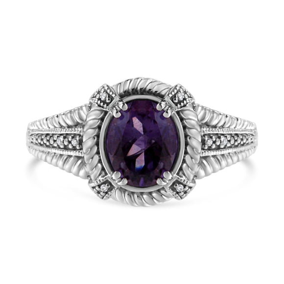.925 Sterling Silver Prong Set Natural Oval Shape 9X7 MM Purple Amethyst Solitaire and Diamond Accent Ring (I-J Color, I1-I2 Clarity) - Ring Size 7
