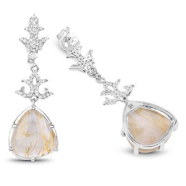 15.97 Carat Genuine Golden Rutile And White Topaz .925 Sterling Silver Earrings - 0
