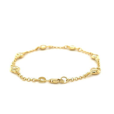 14k Yellow Gold Rolo Chain Bracelet with Puffed Heart Stations - 0