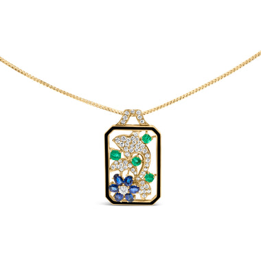 18K Yellow Gold 2 1/3 Cttw Diamond, Sapphire, and Emerald Dog Tag with Dolphin Silhouette Convertible 18" Pendant Necklace and Brooch (G-H Color, SI1-SI2 Clarity)