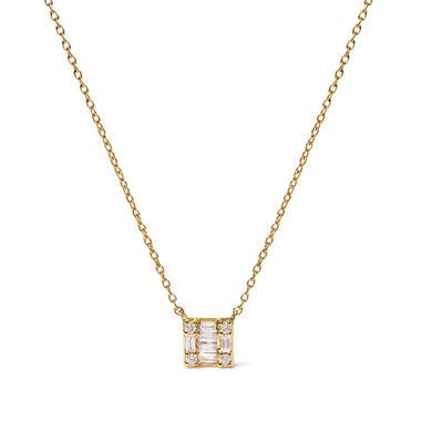 10K Yellow Gold 1/10 Cttw Round and Baguette Diamond Mosaic Composite Square 18" Inch Pendant Necklace (H-I Color, I1-I2 Clarity)