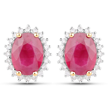 3.14 Carat Genuine Ruby and White Diamond 14K Yellow Gold Earrings