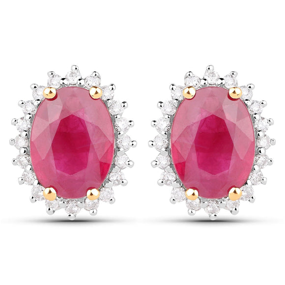 3.14 Carat Genuine Ruby and White Diamond 14K Yellow Gold Earrings