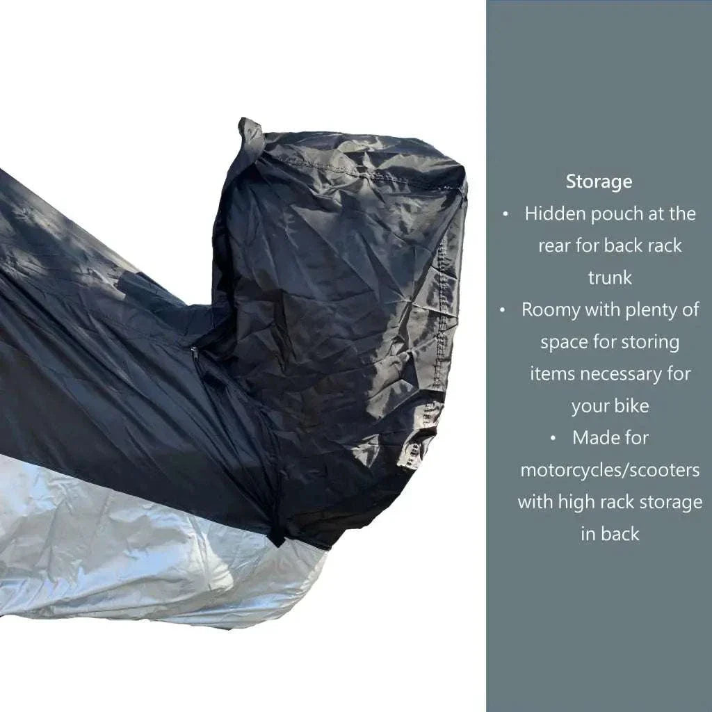 Deluxe Motorcycle Cover with Back Rack Trunk Pouch (XL) Black