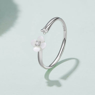 925 Sterling Silver White Gold Plated Ring with Nacre and CZ for Women - 0