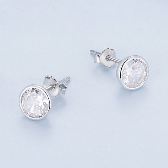 925 Sterling Silver Earrings with Pavé Setting CZ, 7mm, Plated Platinum for Women