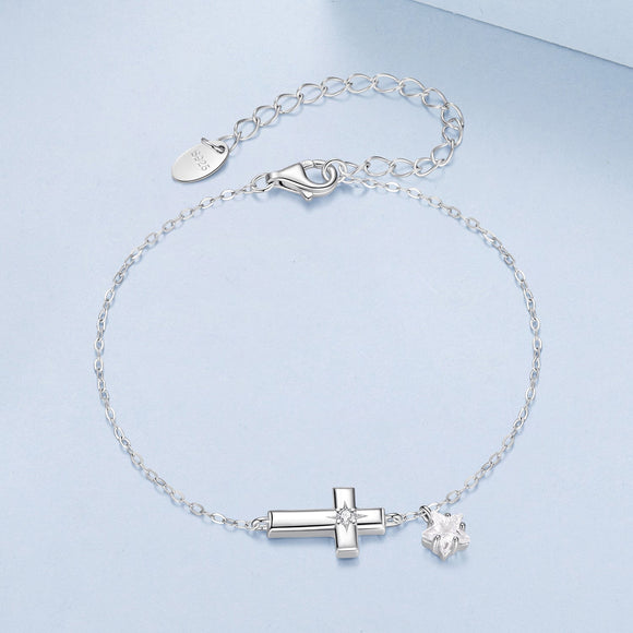 925 Sterling Silver Bracelets with Pavé Setting CZ, Length 15+6cm, White Gold Plated for Women