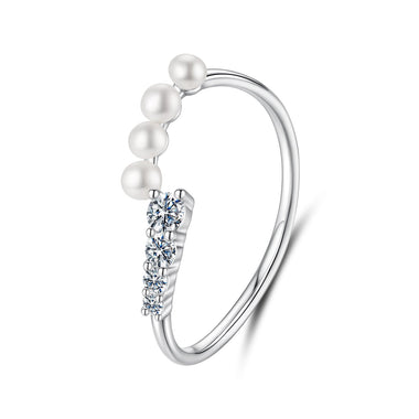 925 Sterling Silver Moissanite & Freshwater Pearl Ring, White Gold Plated, Size E for Women - 0