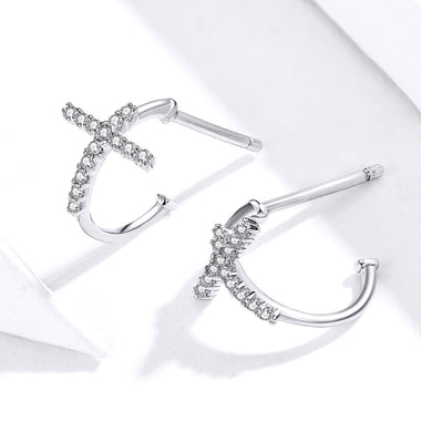 S925 Sterling Silver Earrings with Pavé Set CZ in Platinum Finish - 0