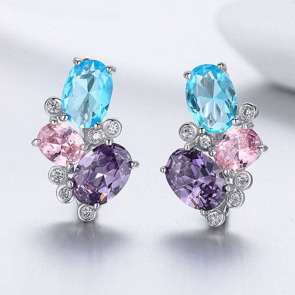 925 Sterling Silver Earrings with Transparent Glass, 1.6*1.1cm for Women