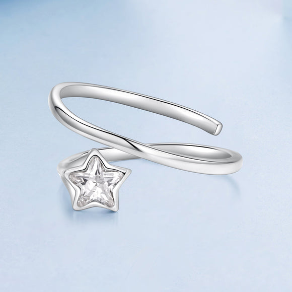 925 Sterling Silver White Gold Plated Pavé CZ Star Ring for Women