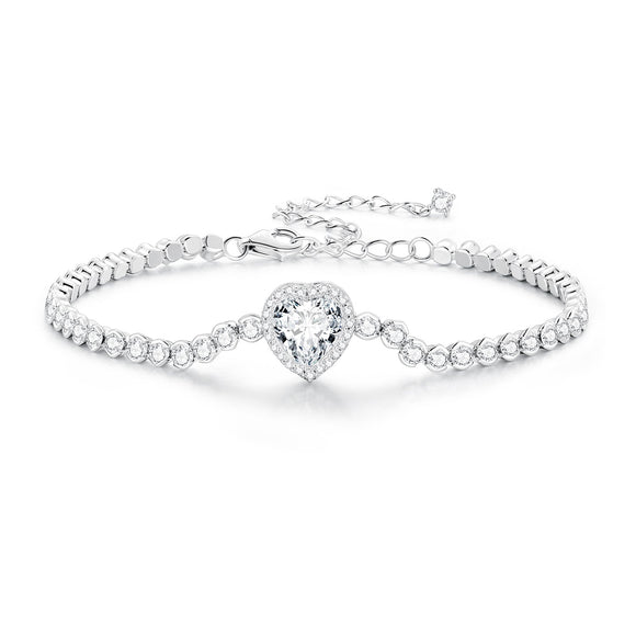 925 Sterling Silver Bracelet with CZ Zircon, 15+6.5cm, Platinum Plated for Women