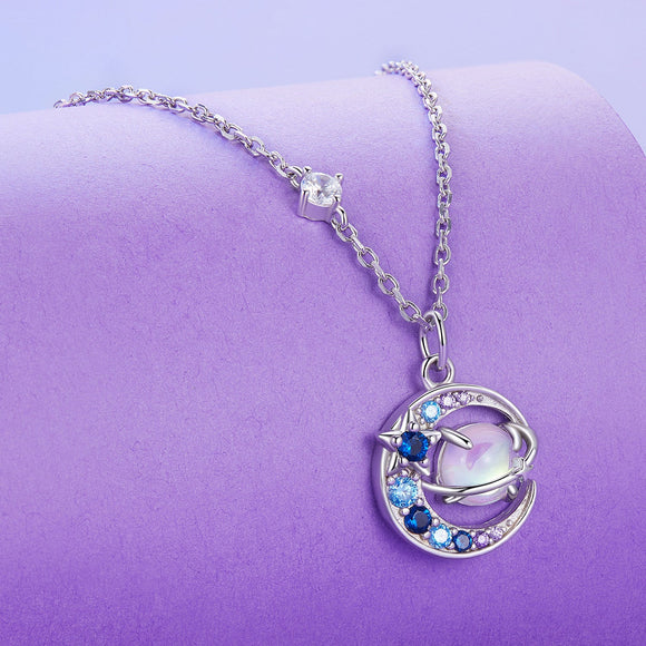 925 Sterling Silver Necklace with Pavé CZ & Transparent Glass Pendant for Women
