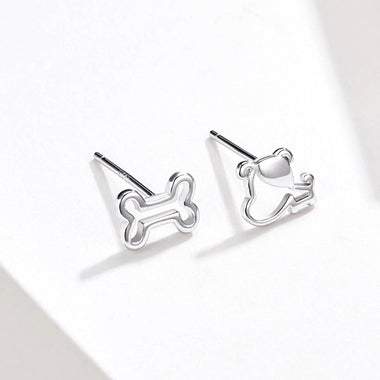 925 Sterling Silver Earrings for Women, 0.5-0.6cm, Bone and Dog Design, Platinum Plated - 0