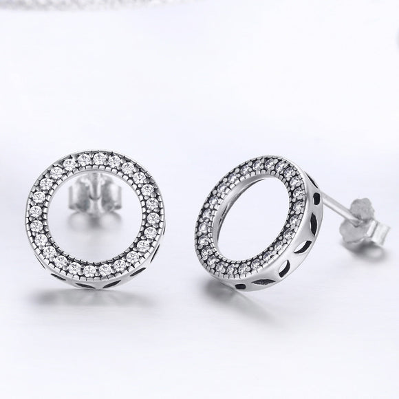 925 Sterling Silver Oxidized Pavé Setting CZ Earrings 1.1cm for Women