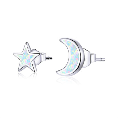 925 Sterling Silver Opal Earrings for Women - Star & Moon Design