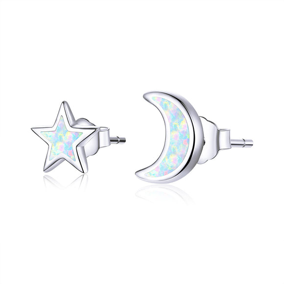 925 Sterling Silver Opal Earrings for Women - Star & Moon Design