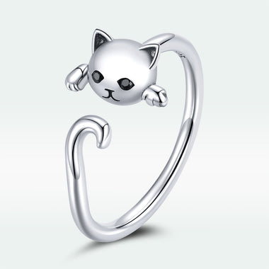 925 Sterling Silver Oxidized Cat Ring with CZ for Women, 0.6x1cm - 0