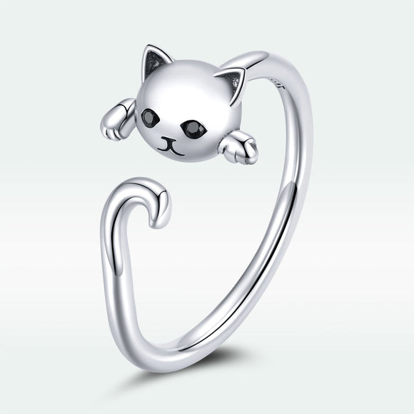 925 Sterling Silver Oxidized Cat Ring with CZ for Women, 0.6x1cm