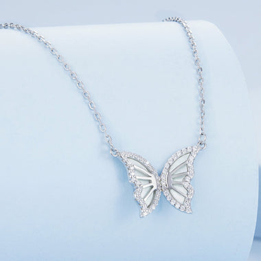 S925 Sterling Silver Plated Nacre & CZ Necklace, 40+5cm for Women - 0
