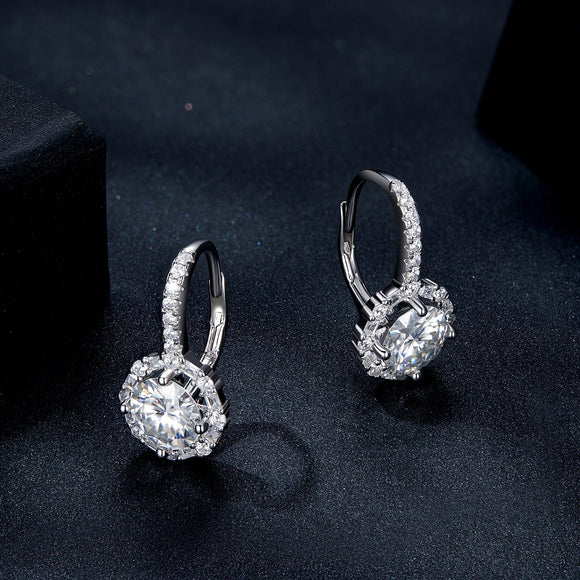 925 Sterling Silver Moissanite Earrings with Pavé Setting, 1.9x1.0cm for Women