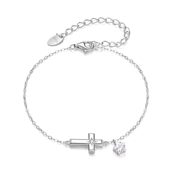 925 Sterling Silver Bracelets with Pavé Setting CZ, Length 15+6cm, White Gold Plated for Women