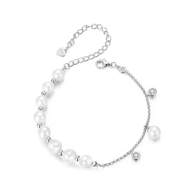 925 Sterling Silver 15+6cm White Gold Plated Bracelet with Quality Shell Pearl & CZ for Women - 0