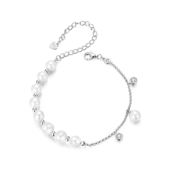 925 Sterling Silver 15+6cm White Gold Plated Bracelet with Quality Shell Pearl & CZ for Women