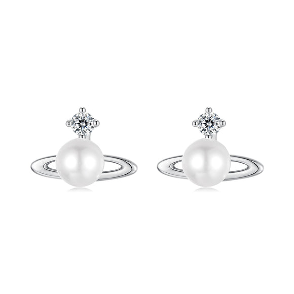 925 Sterling Silver Earrings with White Gold Plating and Shell Pearl