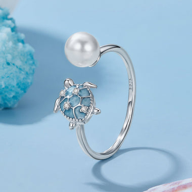 925 Sterling Silver Turtle Ring with Quality Shell Pearl & CZ - Size: nan - 0