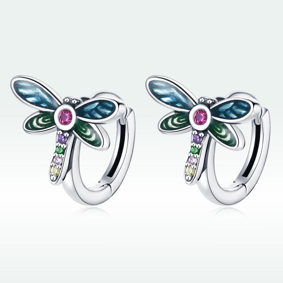 925 Sterling Silver Dragonfly Earrings with CZ and Enamel - 0.9 cm for Women