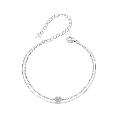 925 Sterling Silver White Gold Plated Heart-Shaped Bracelet with CZ, Length 150+60mm