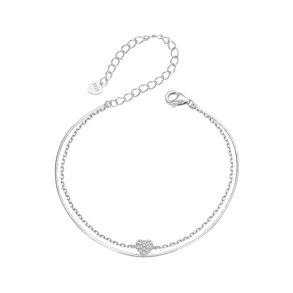 925 Sterling Silver White Gold Plated Heart-Shaped Bracelet with CZ, Length 150+60mm